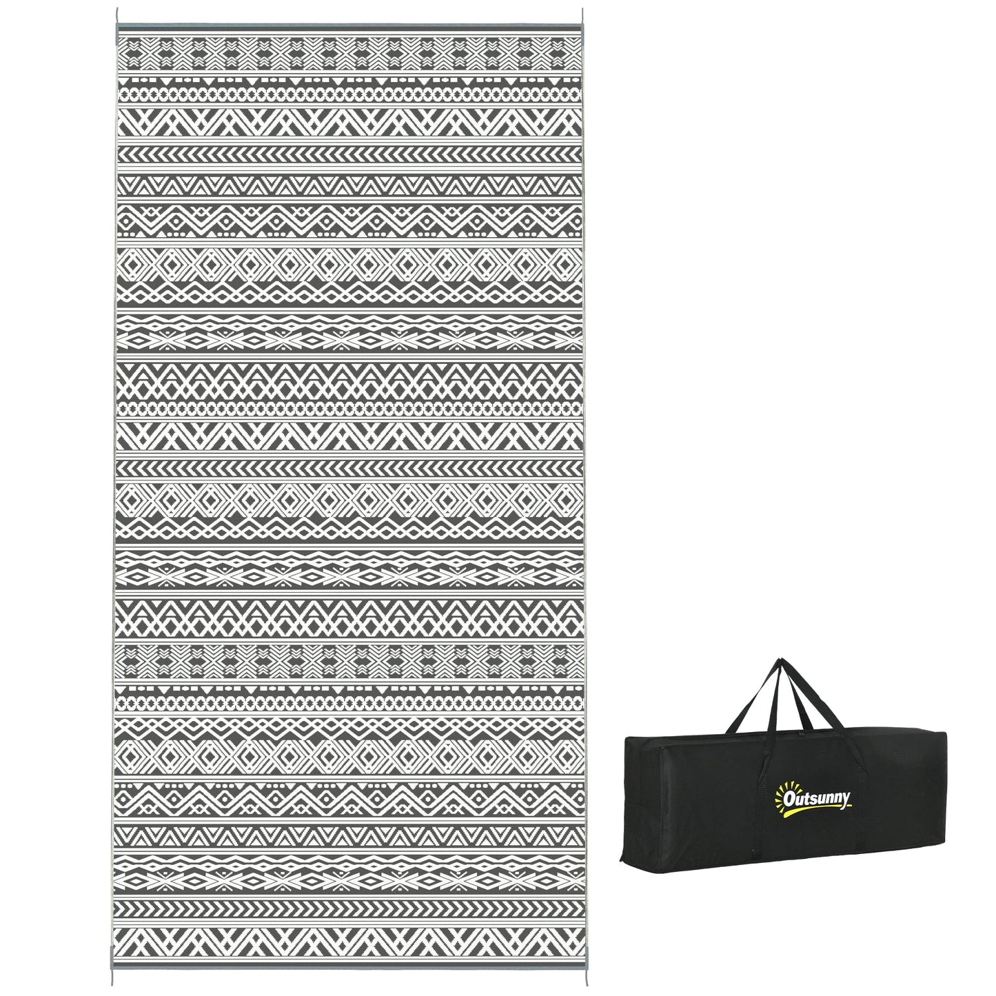 Portable Outdoor Rug with Carry Bag, 9' x 18' Reversible Mat, Waterproof Plastic Straw RV Rug for Backyard, Deck, Picnic, Beach, Camping, Grey and Cream White Boho