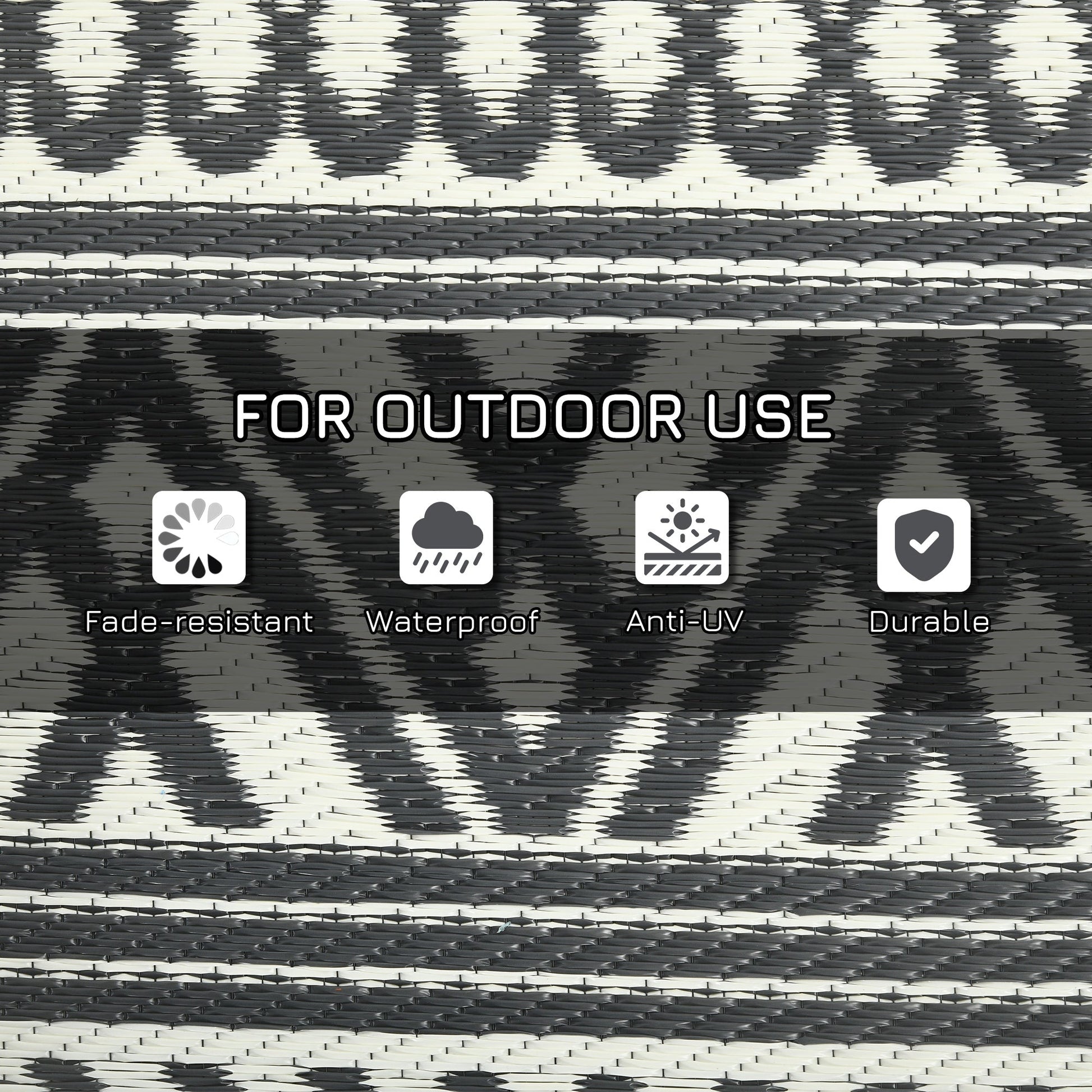 Portable Outdoor Rug with Carry Bag, 9' x 18' Reversible Mat, Waterproof Plastic Straw RV Rug for Backyard, Deck, Picnic, Beach, Camping, Grey and Cream White Boho