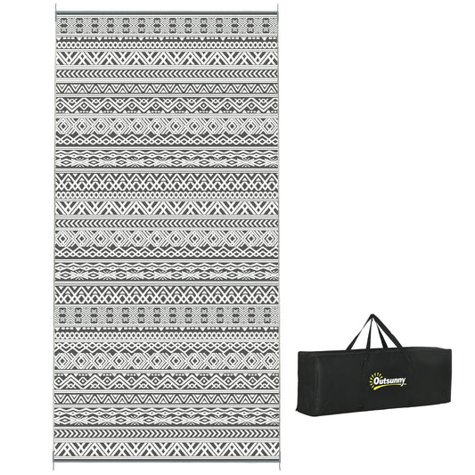 Portable Outdoor Rug with Carry Bag, 9' x 18' Reversible Mat, Waterproof Plastic Straw RV Rug for Backyard, Deck, Picnic, Beach, Camping, Grey and Cream White Boho