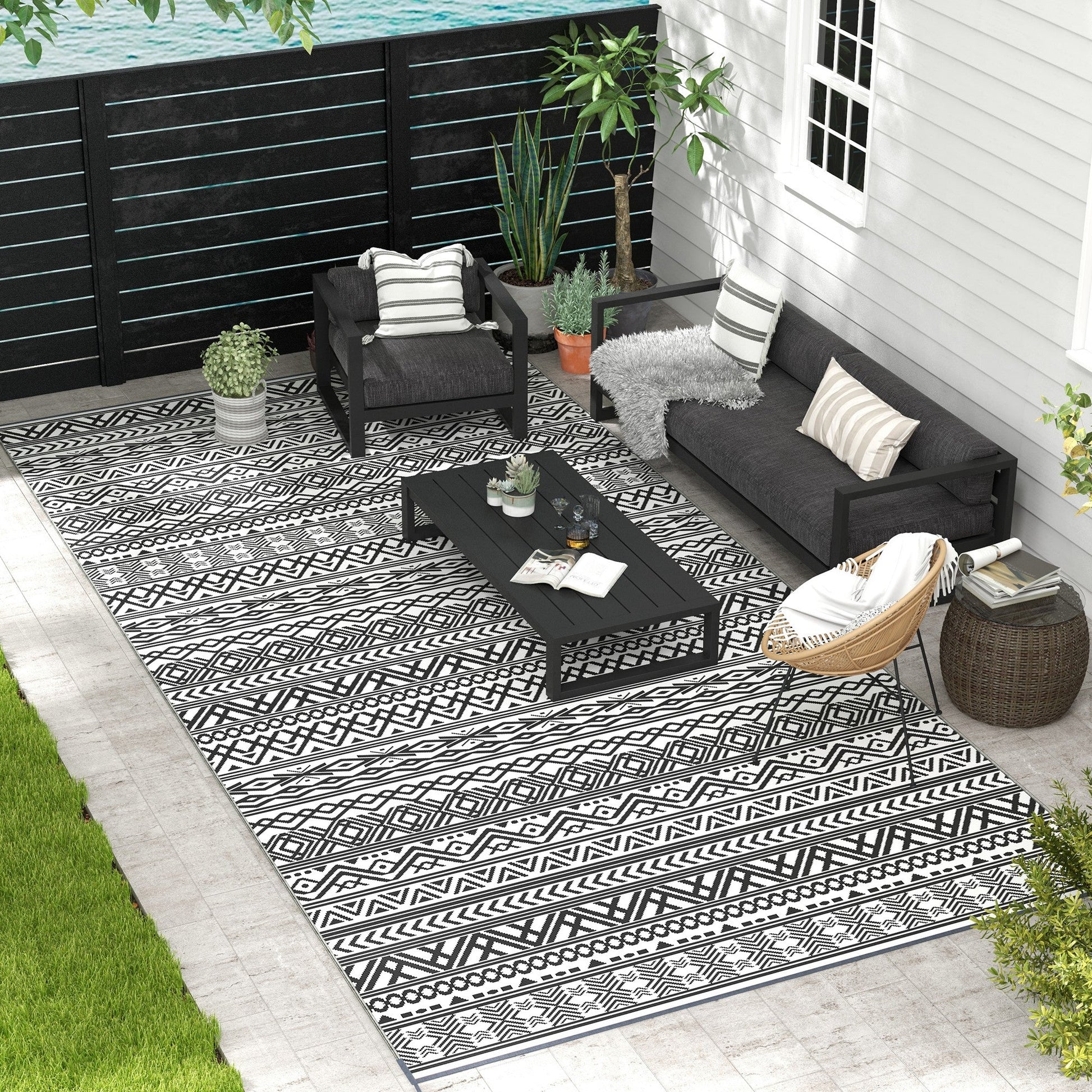 Portable Outdoor Rug with Carry Bag, 9' x 18' Reversible Mat, Waterproof Plastic Straw RV Rug for Backyard, Deck, Picnic, Beach, Camping, Grey and Cream White Boho
