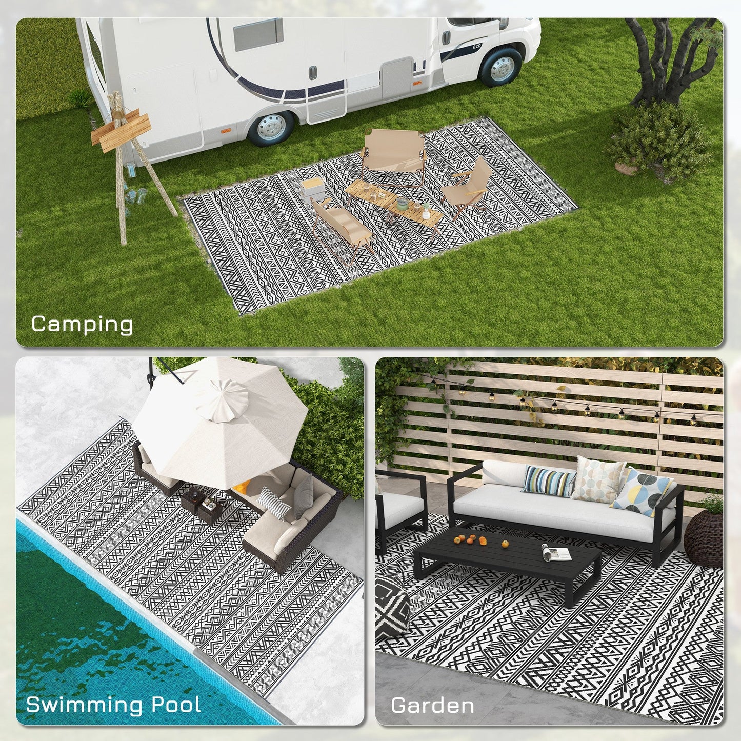 Portable Outdoor Rug with Carry Bag, 9' x 18' Reversible Mat, Waterproof Plastic Straw RV Rug for Backyard, Deck, Picnic, Beach, Camping, Grey and Cream White Boho