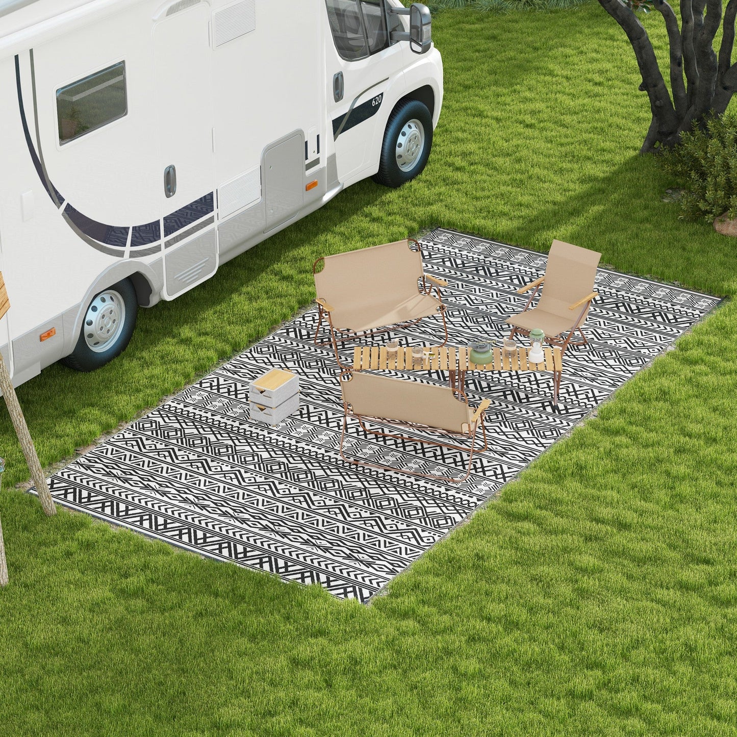 Portable Outdoor Rug with Carry Bag, 9' x 18' Reversible Mat, Waterproof Plastic Straw RV Rug for Backyard, Deck, Picnic, Beach, Camping, Grey and Cream White Boho