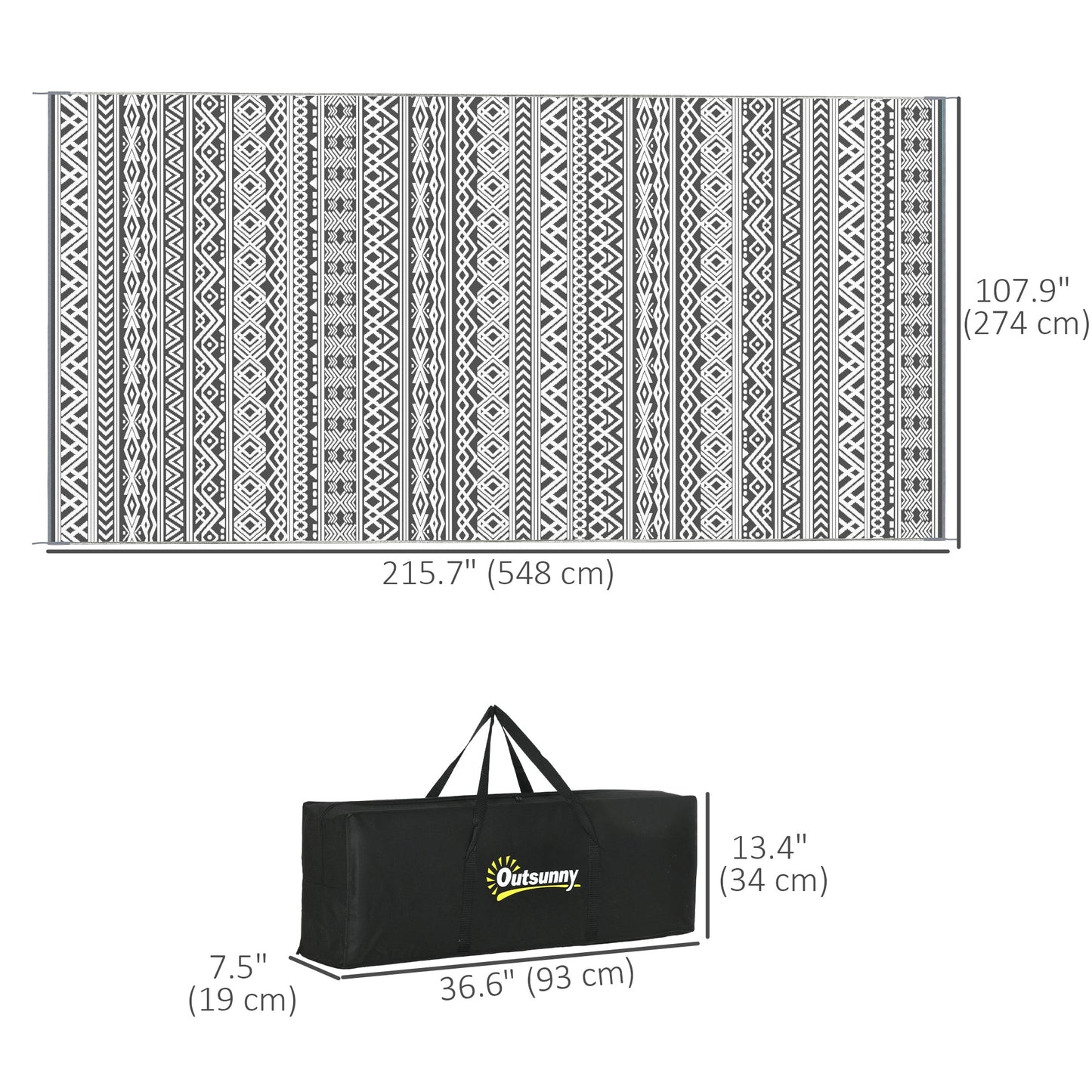Portable Outdoor Rug with Carry Bag, 9' x 18' Reversible Mat, Waterproof Plastic Straw RV Rug for Backyard, Deck, Picnic, Beach, Camping, Grey and Cream White Boho