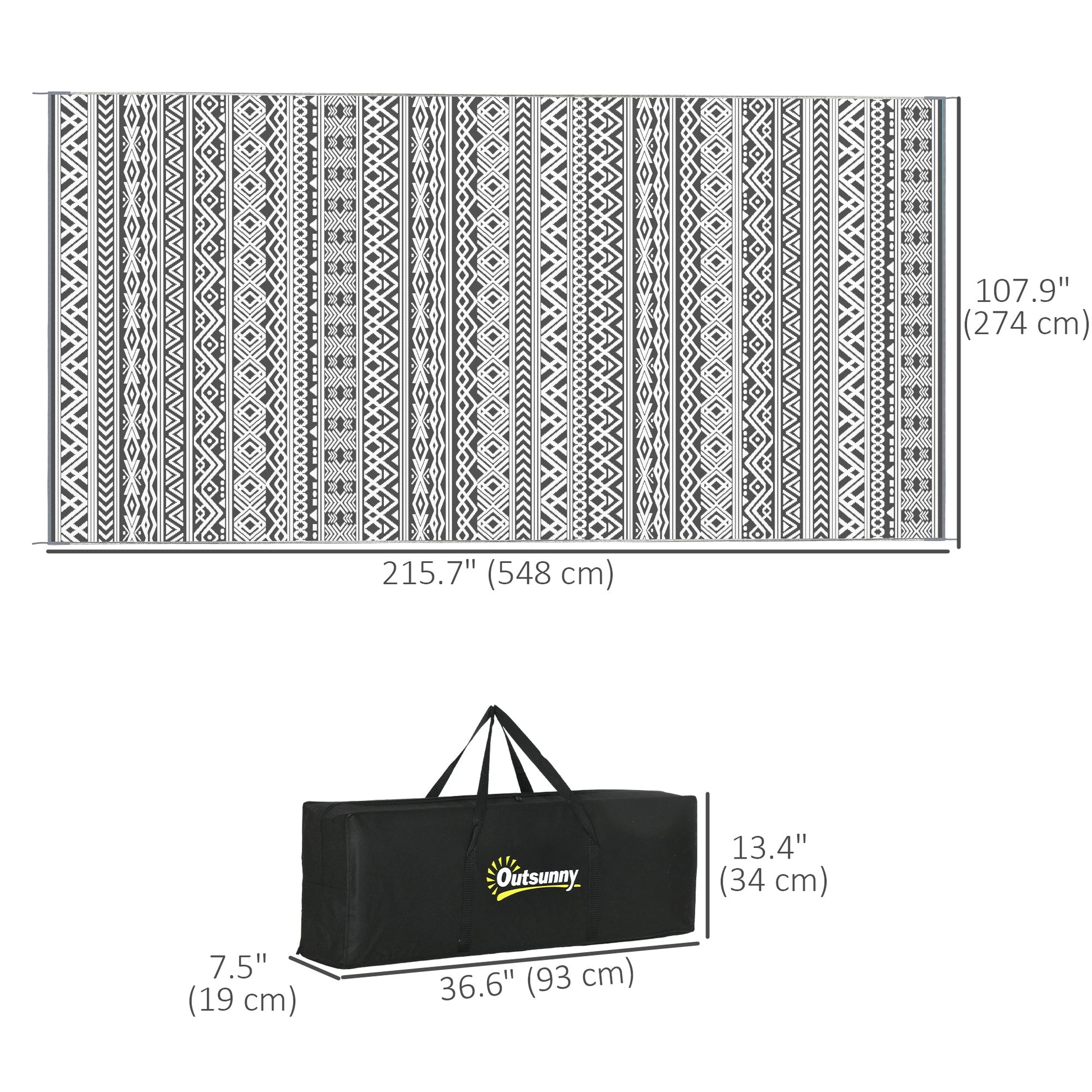 Portable Outdoor Rug with Carry Bag, 9' x 18' Reversible Mat, Waterproof Plastic Straw RV Rug for Backyard, Deck, Picnic, Beach, Camping, Grey and Cream White Boho
