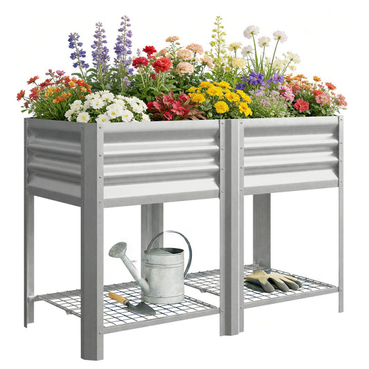 Galvanized Steel Raised Garden Bed, Elevated Planter Box with Legs and Storage Shelf, Raised Planter for Vegetables, Flowers, Herbs, for Outdoor, Patio, Yard, Silver
