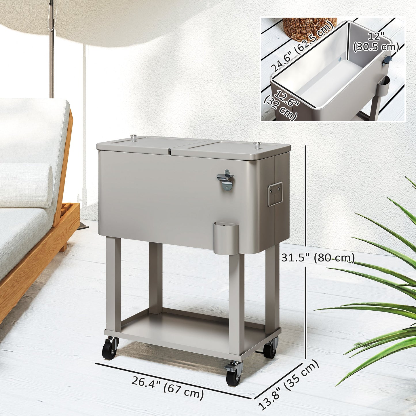 60 Quart Rolling Patio Cooler Cart, Portable Outdoor Cooler with Locking Wheels, Storage Shelf, Steel Bottle Opener, Ice Chest for Patio Backyard Party BBQ, Silver