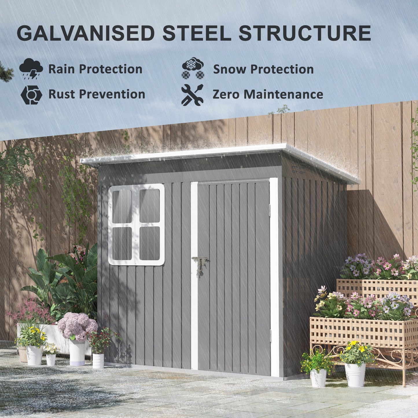 7' x 4' Outdoor Storage Shed, Galvanised Steel Garden Shed with Window, Lockable Wide Door and Air Vents for Outdoor Patio, Dark Grey