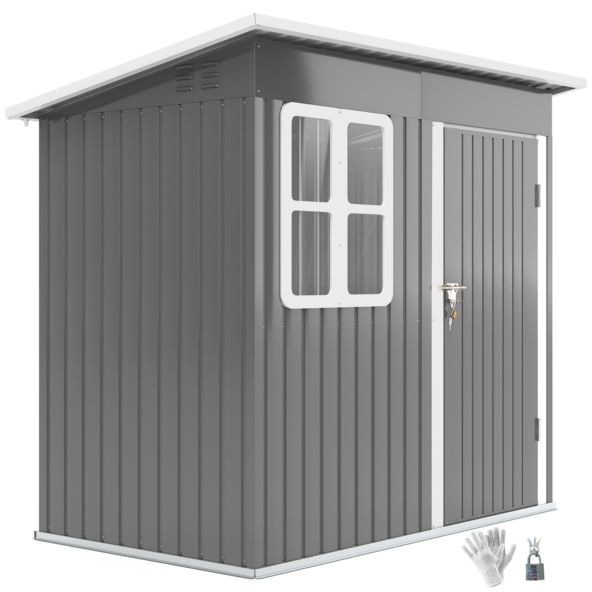 7' x 4' Outdoor Storage Shed, Galvanised Steel Garden Shed with Window, Lockable Wide Door and Air Vents for Outdoor Patio, Dark Grey