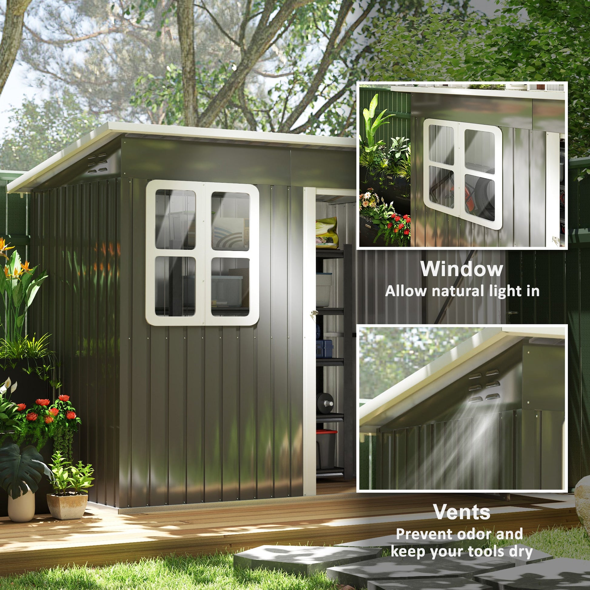 7' x 4' Outdoor Storage Shed, Galvanised Steel Garden Shed with Window, Lockable Wide Door and Air Vents for Outdoor Patio, Dark Grey