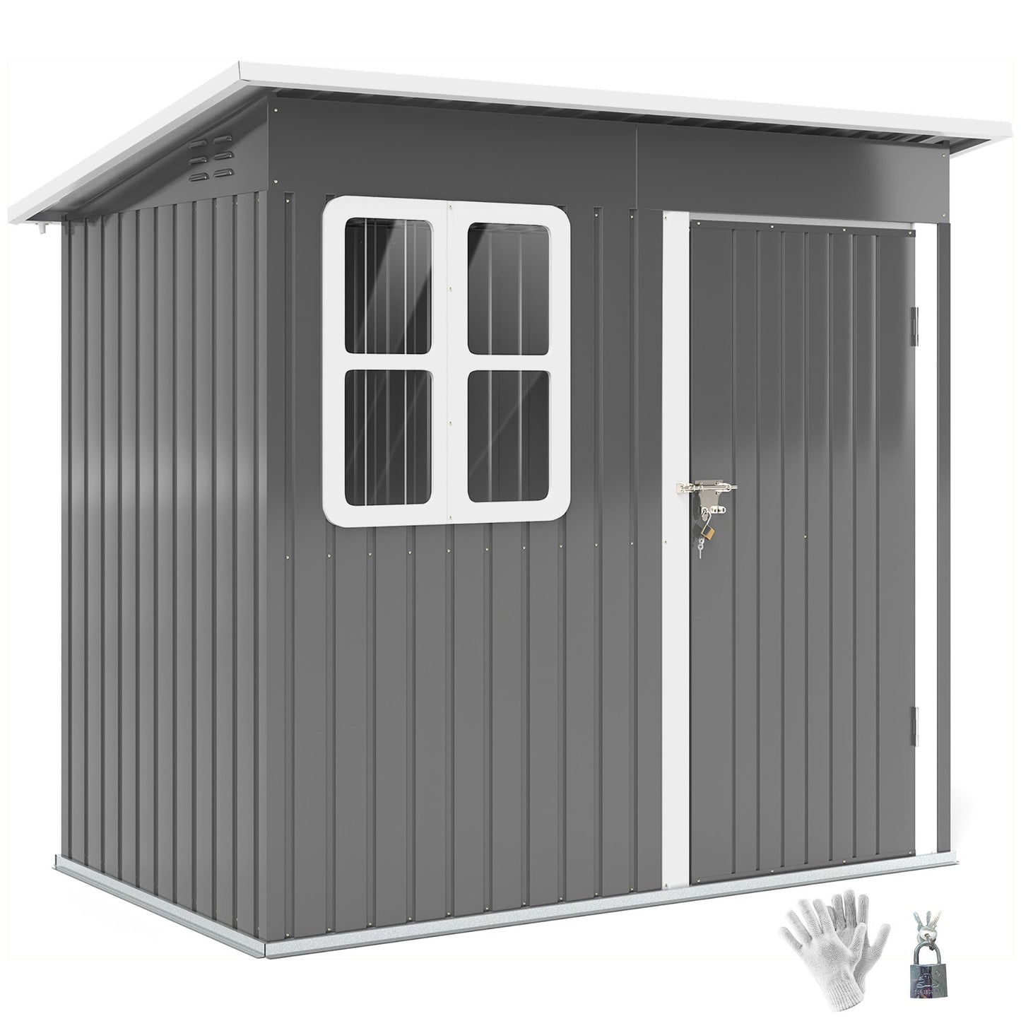7' x 4' Outdoor Storage Shed, Galvanised Steel Garden Shed with Window, Lockable Wide Door and Air Vents for Outdoor Patio, Dark Grey