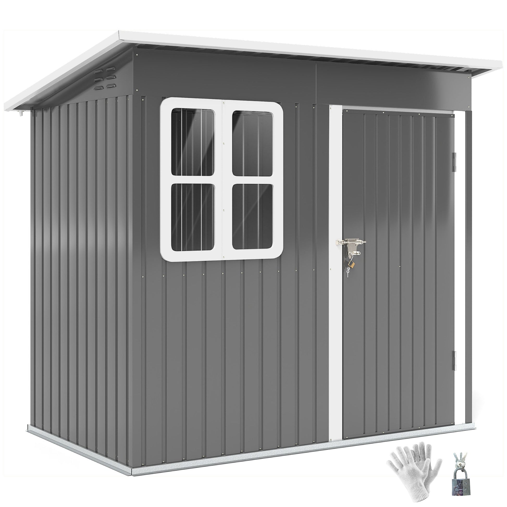 7' x 4' Outdoor Storage Shed, Galvanised Steel Garden Shed with Window, Lockable Wide Door and Air Vents for Outdoor Patio, Dark Grey