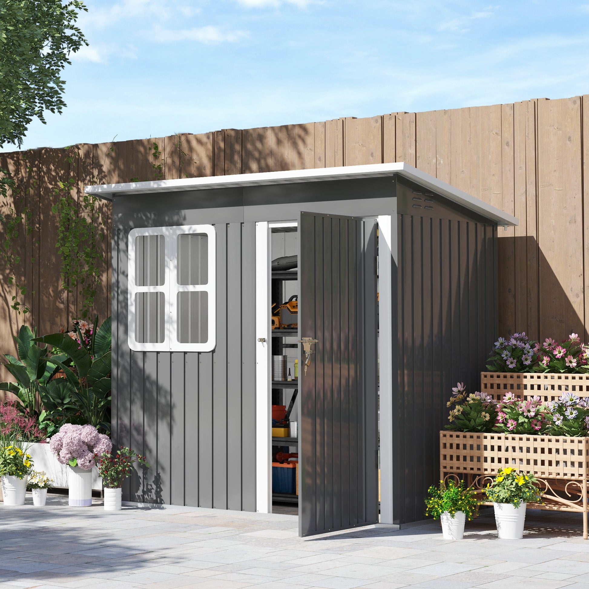 7' x 4' Outdoor Storage Shed, Galvanised Steel Garden Shed with Window, Lockable Wide Door and Air Vents for Outdoor Patio, Dark Grey