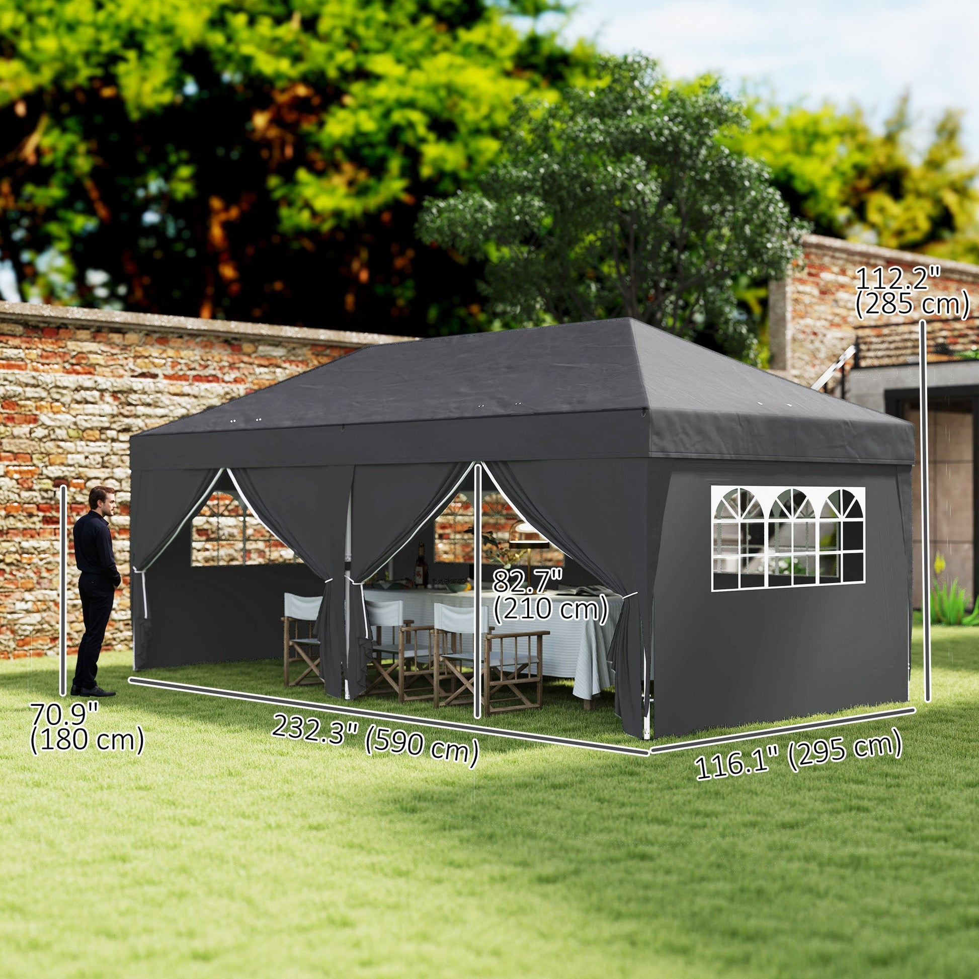 10' x 20' Pop Up Canopy with 6 Walls, Outdoor Easy Up Canopy Party Tent with Steel Frame, Drainage Holes, Instant Garden Shade Shelter with Carrying Bag, Black