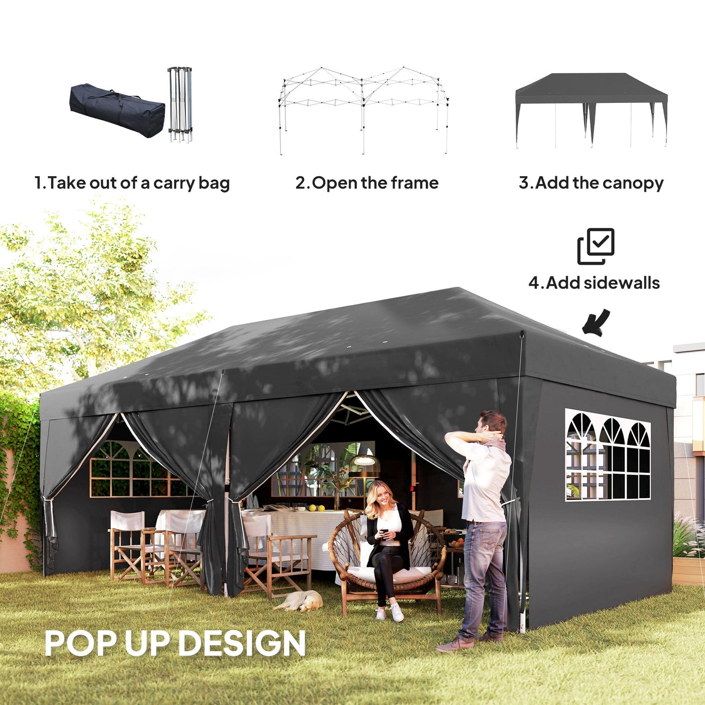10' x 20' Pop Up Canopy with 6 Walls, Outdoor Easy Up Canopy Party Tent with Steel Frame, Drainage Holes, Instant Garden Shade Shelter with Carrying Bag, Black