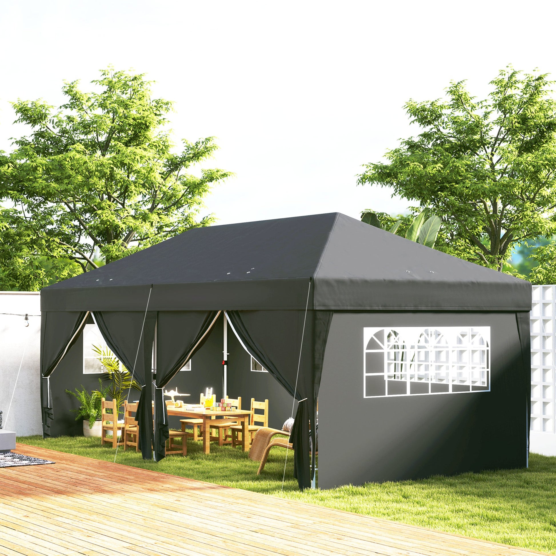 10' x 20' Pop Up Canopy with 6 Walls, Outdoor Easy Up Canopy Party Tent with Steel Frame, Drainage Holes, Instant Garden Shade Shelter with Carrying Bag, Black