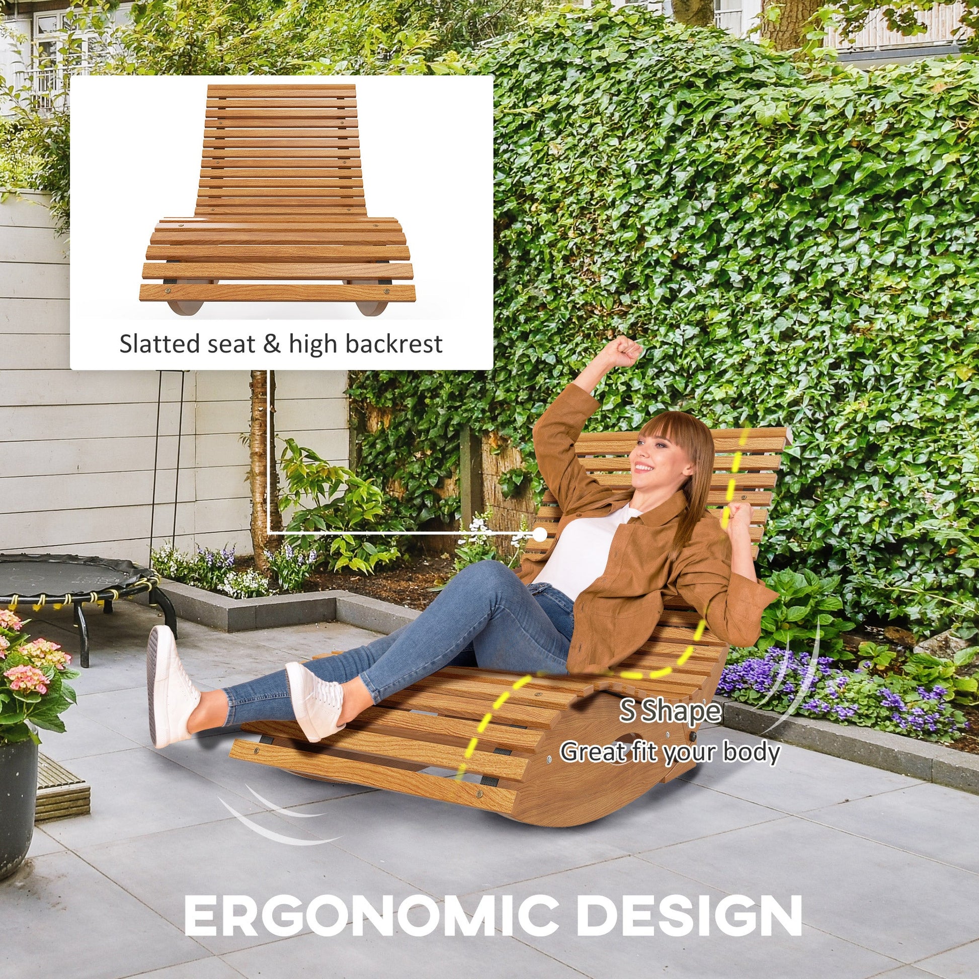 Wooden Outdoor Rocking Chair with Slatted Seat & High Back, Patio Rocking Chair with S Shape, Solid Wood Rocker for Backyard, Garden, Teak