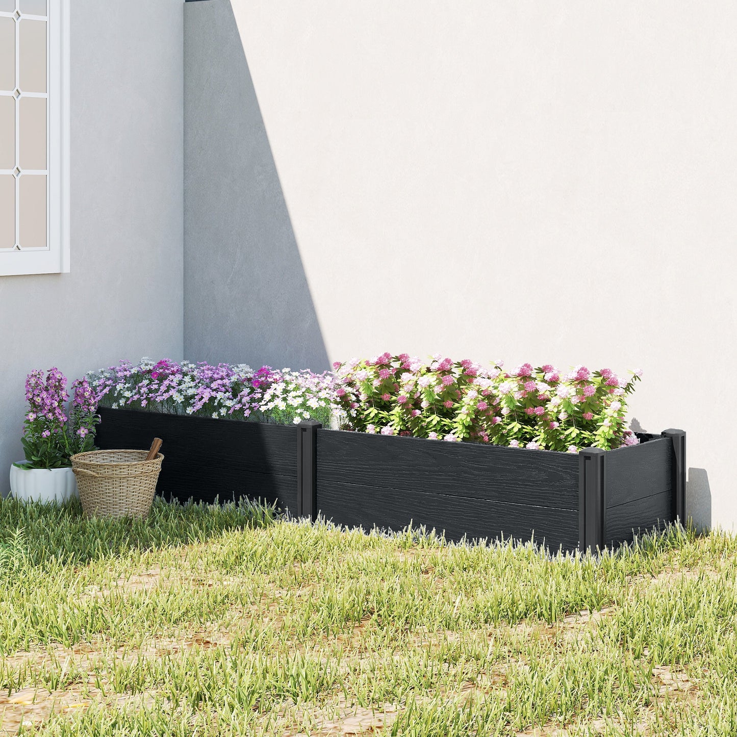 Vinyl Raised Garden Bed Kit, 6.5 x 2 x 1ft Elevated Garden Box with Divider, Open Bottom, Screwless Outdoor Planter Box for Flowers Herbs, DIY Assembly, Grey Wood Effect