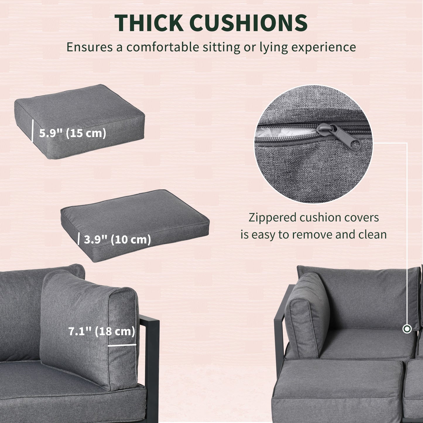 6 Pieces Outdoor Patio Furniture Set, Space-Saving Aluminum Outdoor Daybed, Thickened Cushions, Outdoor Sectional Conversation Set with Coffee Table, Footstools, Grey