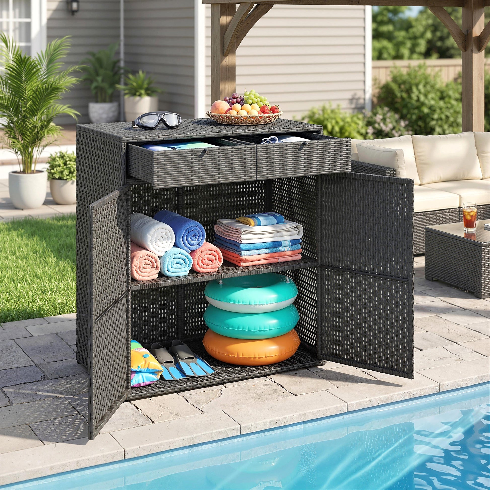 Wicker Outdoor Storage Cabinet, Double Door Patio Storage Cabinet with 2 Drawers and 2-Tier Shelves, PE Rattan Towel Rack Outdoor for Pool Garden Yard, Dark Grey