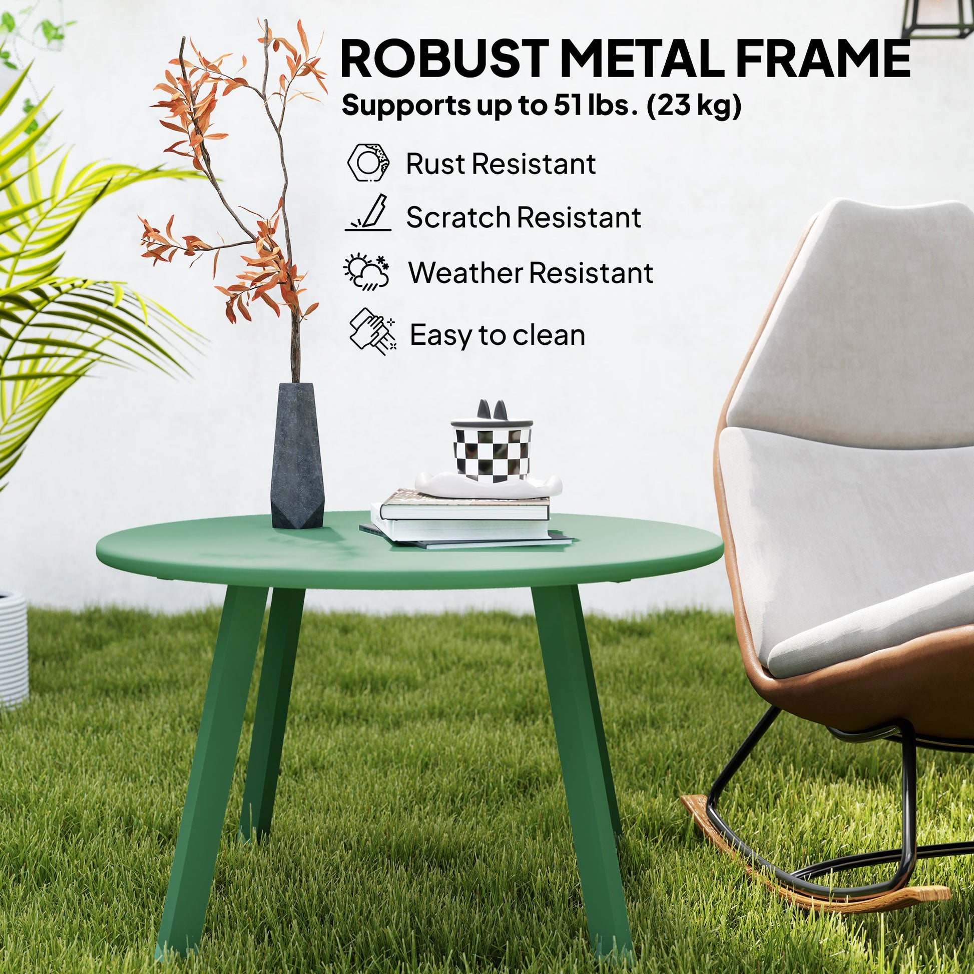 36" Patio Coffee Table, Round Outdoor Side Table with Weather Resistant Metal Frame and Non-Slip Foot Pads for Garden, Balcony, Backyard, Living Room, Green