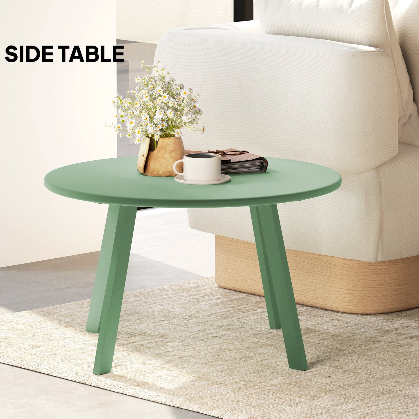 36" Patio Coffee Table, Round Outdoor Side Table with Weather Resistant Metal Frame and Non-Slip Foot Pads for Garden, Balcony, Backyard, Living Room, Green