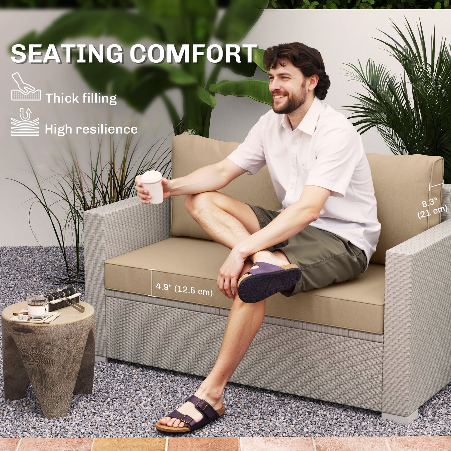 2 Seater Outdoor Seat Cushions with Backrest, Loveseat Double Sofa Outdoor Furniture Cushions, Fade-Resistant Replacement Patio Cushions for Indoor and Outdoor, Beige