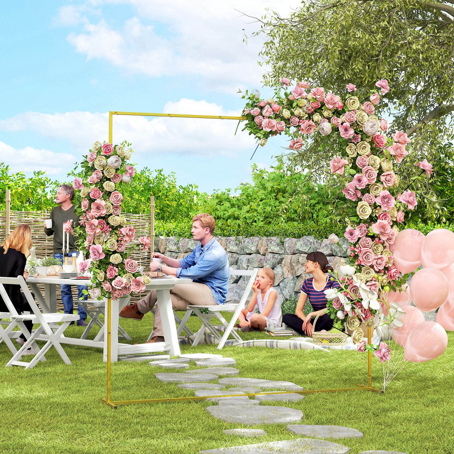 6.6 FT Wedding Arch Backdrop Stand, Square Wedding Arch with U-shaped Stakes, Gold Metal Backdrop Stand for Birthday Parties, Bridal Showers, Graduation, Ceremony