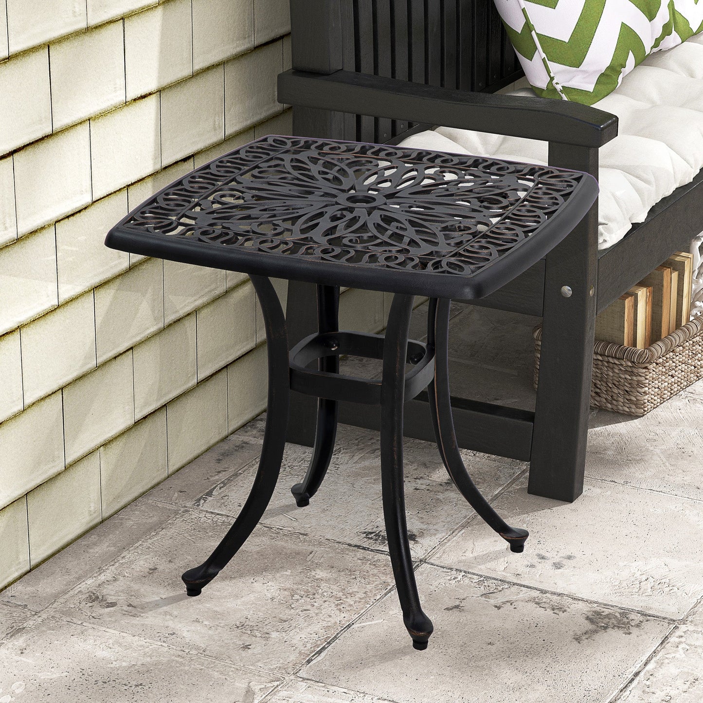 Cast Aluminum Outdoor Side Table, 21" Square Patio End Table with Umbrella Hole, Bistro Table for Garden, Balcony, Poolside, Bronze