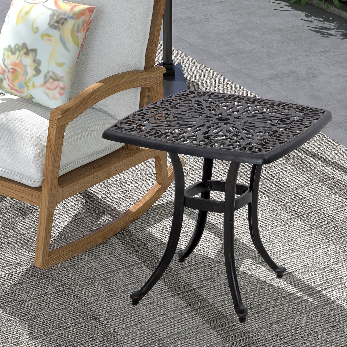 Cast Aluminum Outdoor Side Table, 21" Square Patio End Table with Umbrella Hole, Bistro Table for Garden, Balcony, Poolside, Bronze