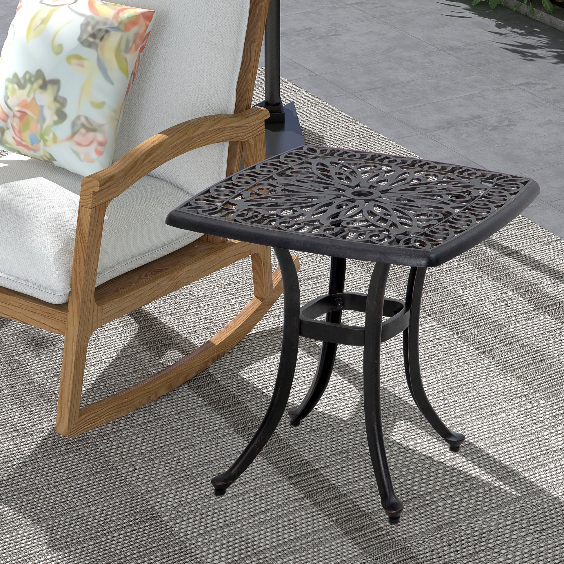 Cast Aluminum Outdoor Side Table, 21" Square Patio End Table with Umbrella Hole, Bistro Table for Garden, Balcony, Poolside, Bronze