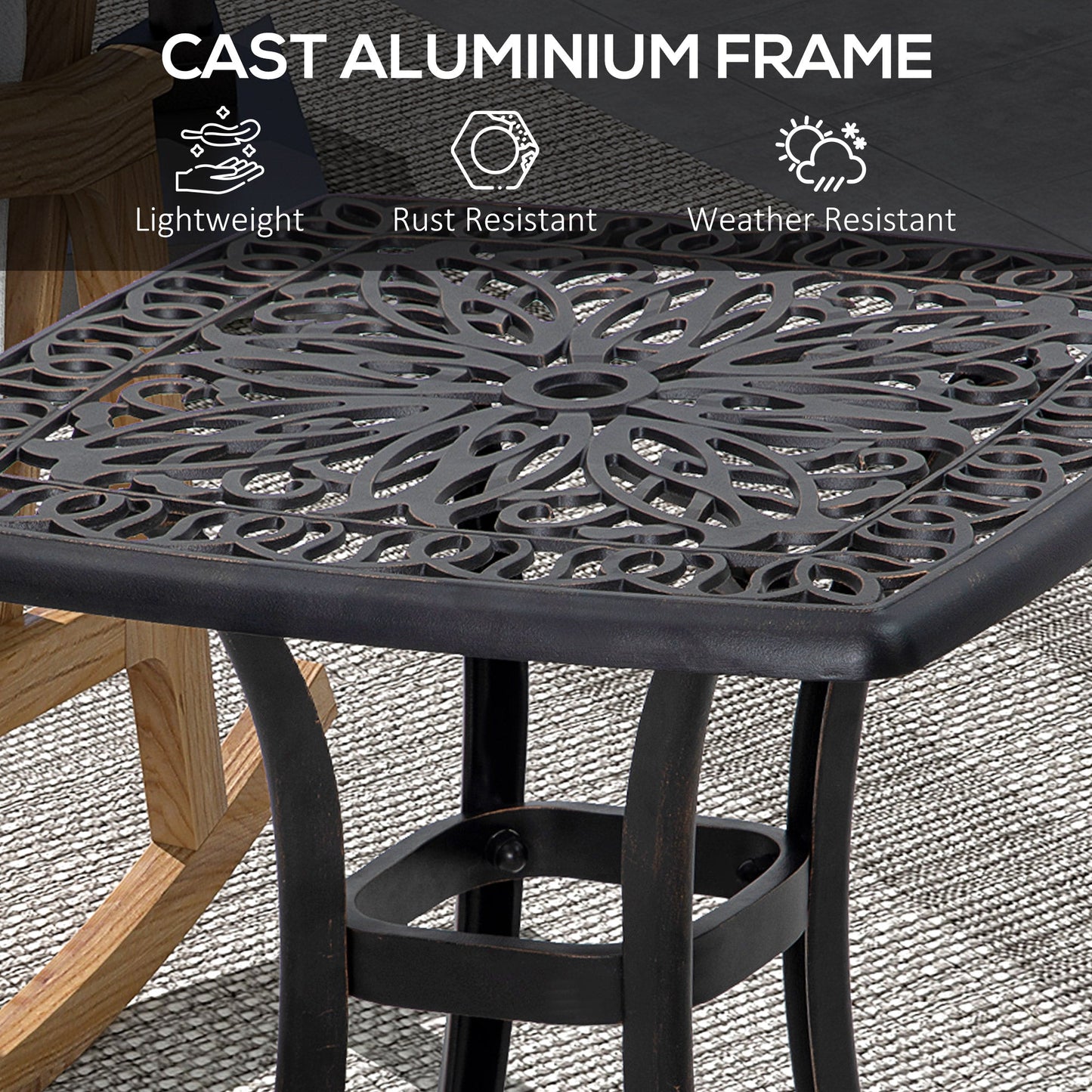 Cast Aluminum Outdoor Side Table, 21" Square Patio End Table with Umbrella Hole, Bistro Table for Garden, Balcony, Poolside, Bronze