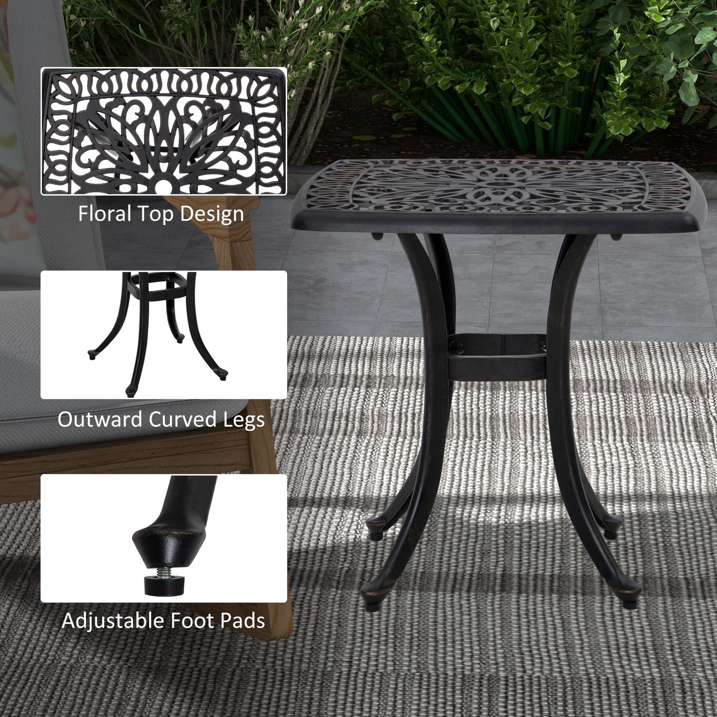 Cast Aluminum Outdoor Side Table, 21" Square Patio End Table with Umbrella Hole, Bistro Table for Garden, Balcony, Poolside, Bronze