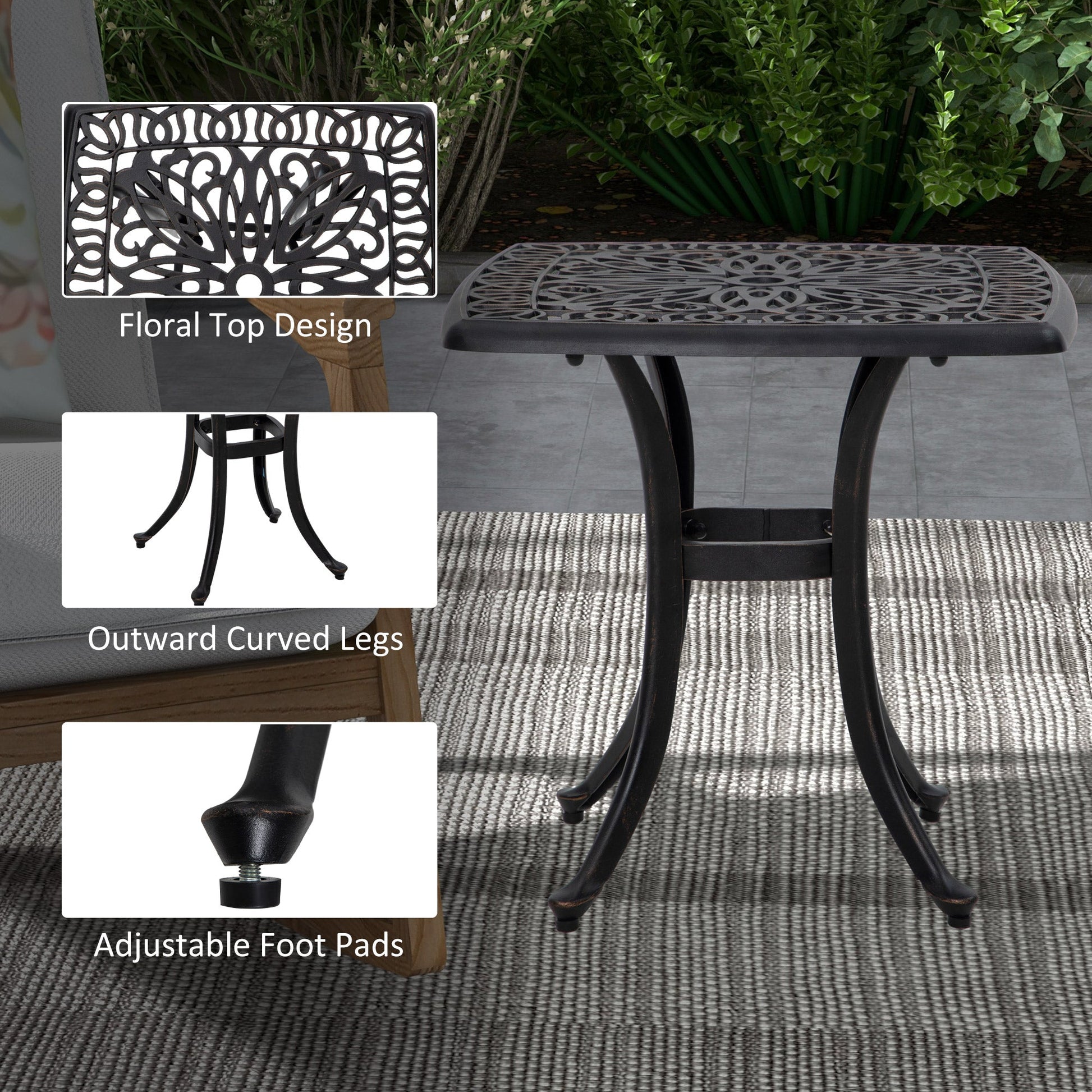 Cast Aluminum Outdoor Side Table, 21" Square Patio End Table with Umbrella Hole, Bistro Table for Garden, Balcony, Poolside, Bronze