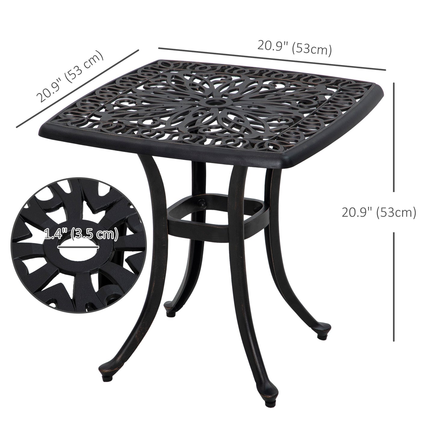 Cast Aluminum Outdoor Side Table, 21" Square Patio End Table with Umbrella Hole, Bistro Table for Garden, Balcony, Poolside, Bronze