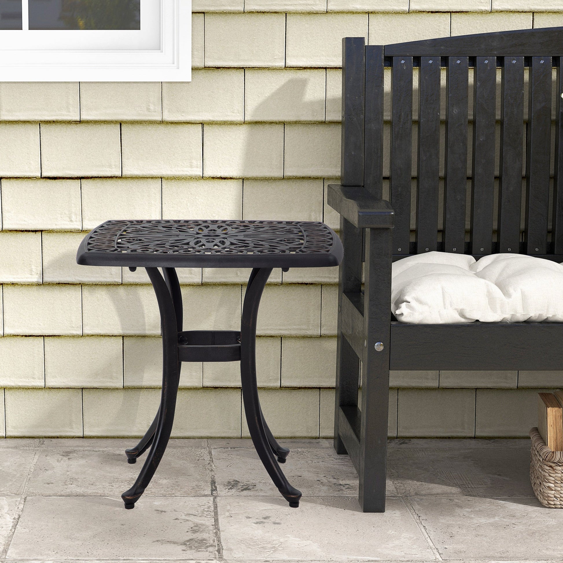 Cast Aluminum Outdoor Side Table, 21" Square Patio End Table with Umbrella Hole, Bistro Table for Garden, Balcony, Poolside, Bronze