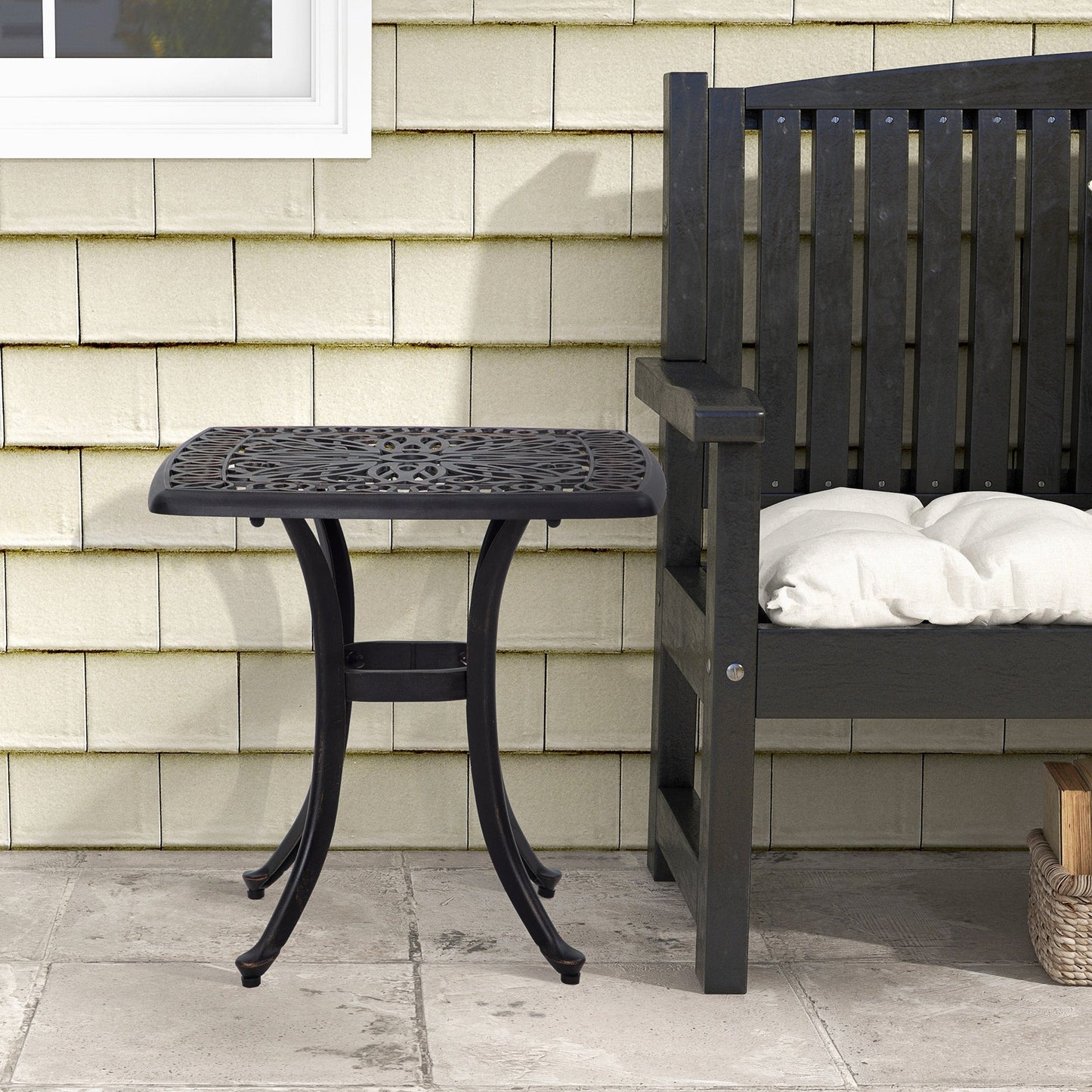 Cast Aluminum Outdoor Side Table, 21" Square Patio End Table with Umbrella Hole, Bistro Table for Garden, Balcony, Poolside, Bronze