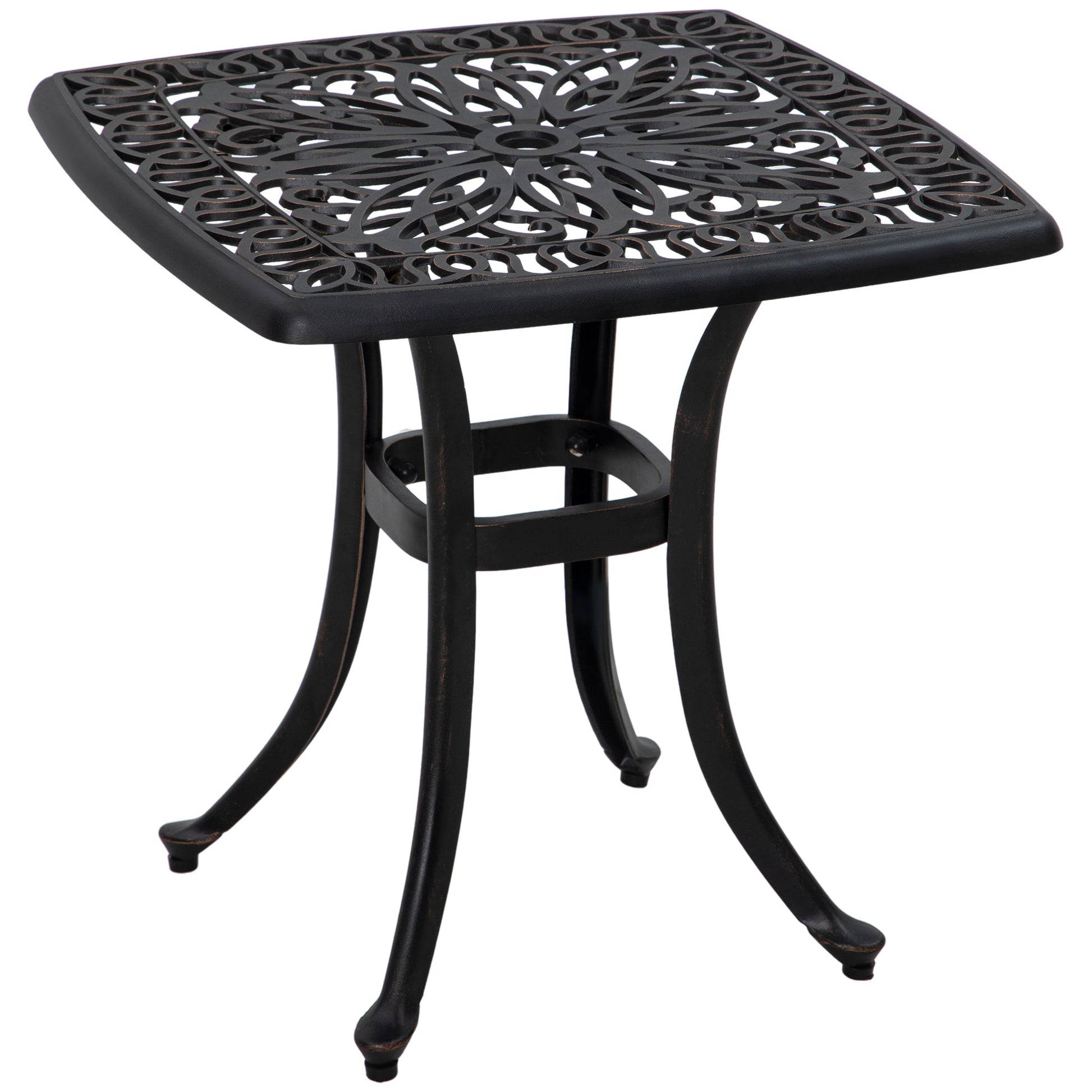 Cast Aluminum Outdoor Side Table, 21" Square Patio End Table with Umbrella Hole, Bistro Table for Garden, Balcony, Poolside, Bronze