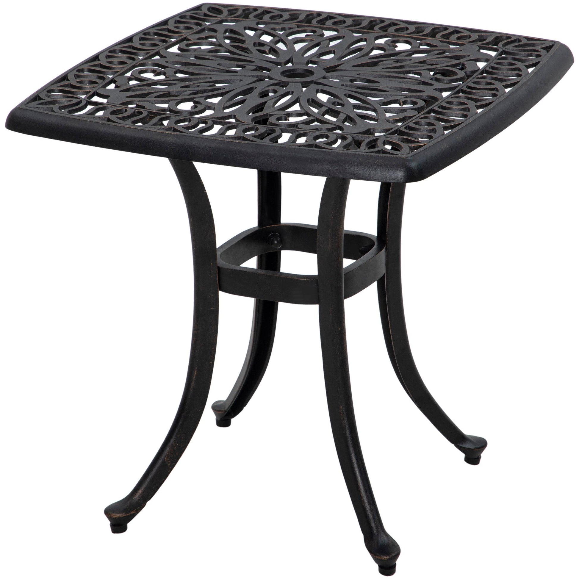 Cast Aluminum Outdoor Side Table, 21" Square Patio End Table with Umbrella Hole, Bistro Table for Garden, Balcony, Poolside, Bronze