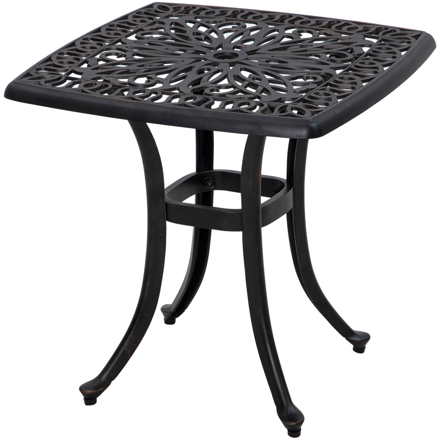 Cast Aluminum Outdoor Side Table, 21" Square Patio End Table with Umbrella Hole, Bistro Table for Garden, Balcony, Poolside, Bronze