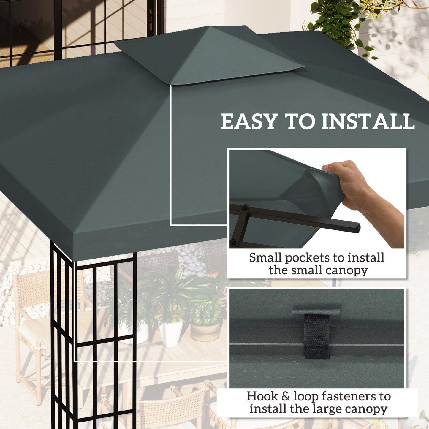 9.8' x 9.8' Square 2-Tier Gazebo Canopy Replacement Top Cover Outdoor Garden Sun Shade, Charcoal Grey