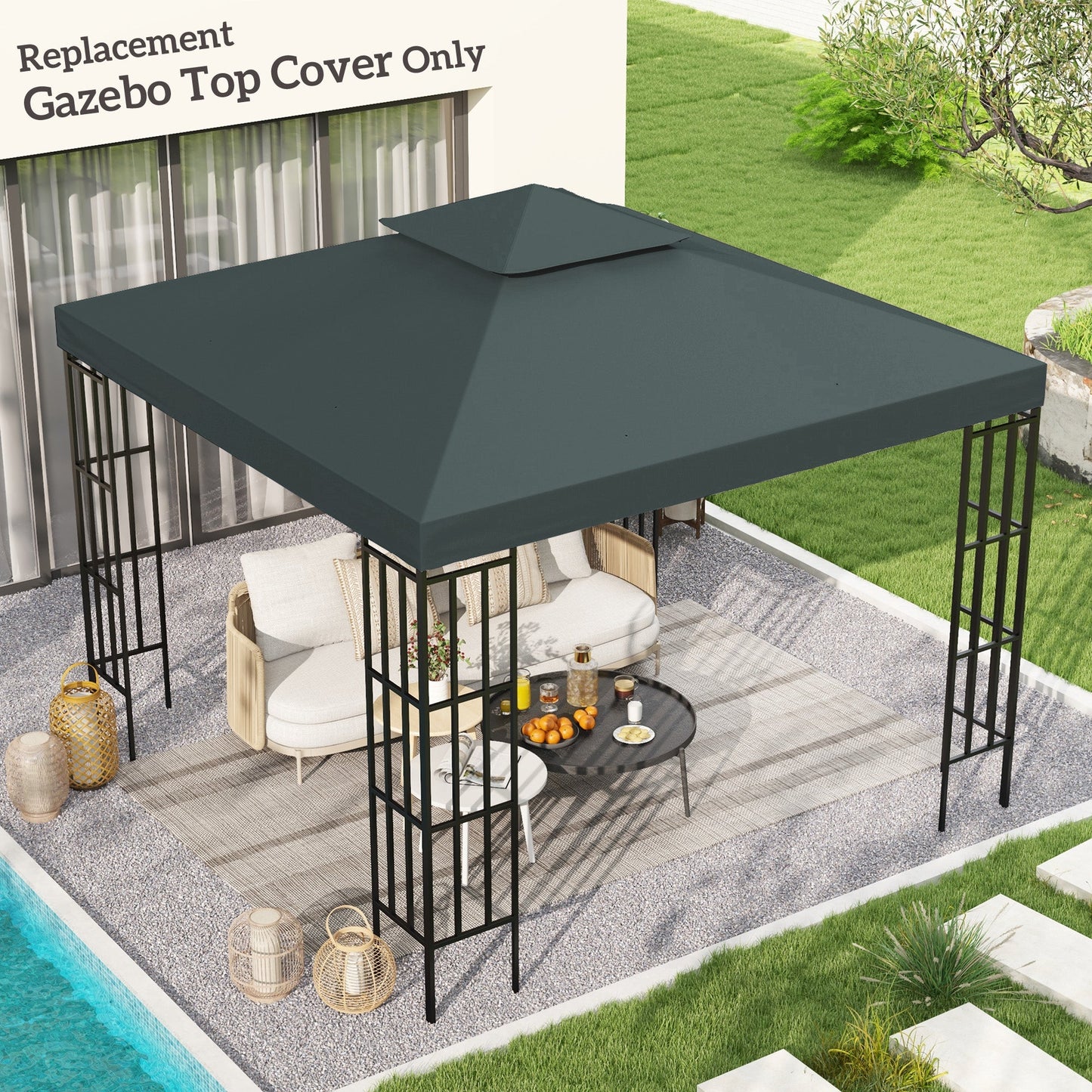 9.8' x 9.8' Square 2-Tier Gazebo Canopy Replacement Top Cover Outdoor Garden Sun Shade, Charcoal Grey