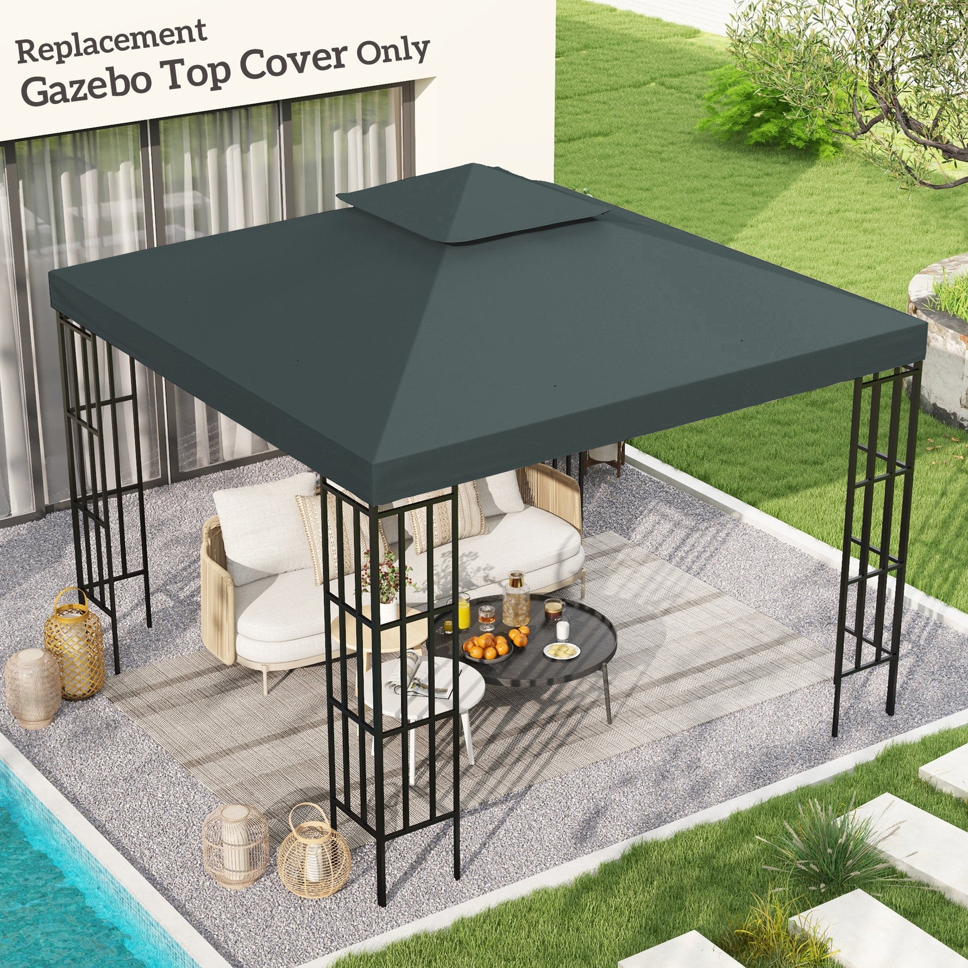 9.8' x 9.8' Square 2-Tier Gazebo Canopy Replacement Top Cover Outdoor Garden Sun Shade, Charcoal Grey