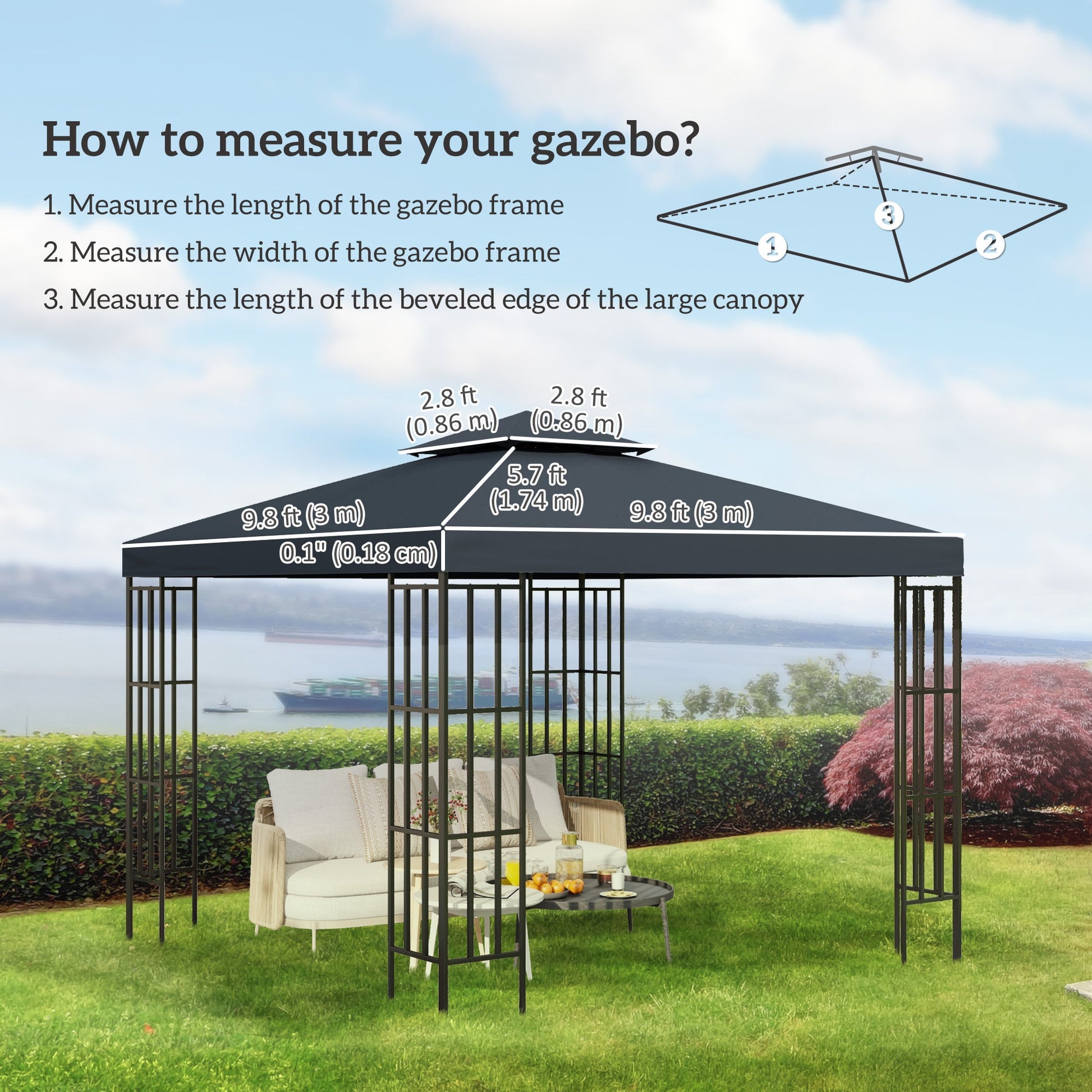 9.8' x 9.8' Square 2-Tier Gazebo Canopy Replacement Top Cover Outdoor Garden Sun Shade, Charcoal Grey