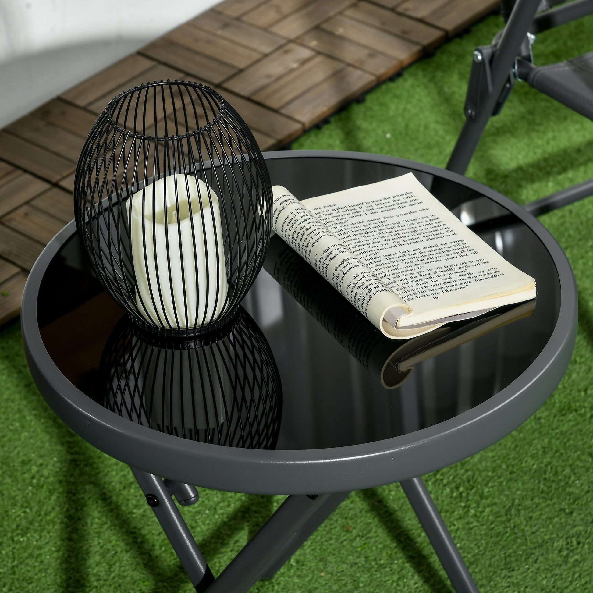 18" Outdoor Round Folding Table, Garden Side Table with Metal Frame and Tempered Glass Top for Patio, Picnic, Party, Wedding, Black