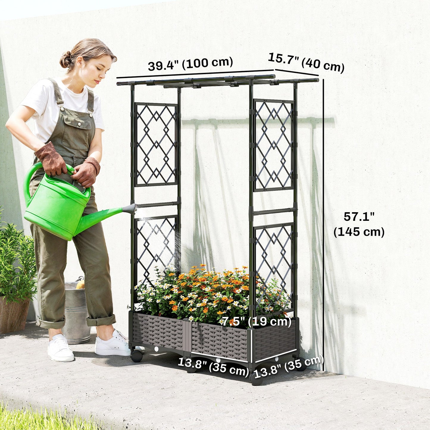 Raised Garden Bed with Arch Trellis, Raised Bed for Garden on Wheels with Side Trellis, Self Watering Outdoor Planter Box for Climbing Plants, Flowers, Herbs