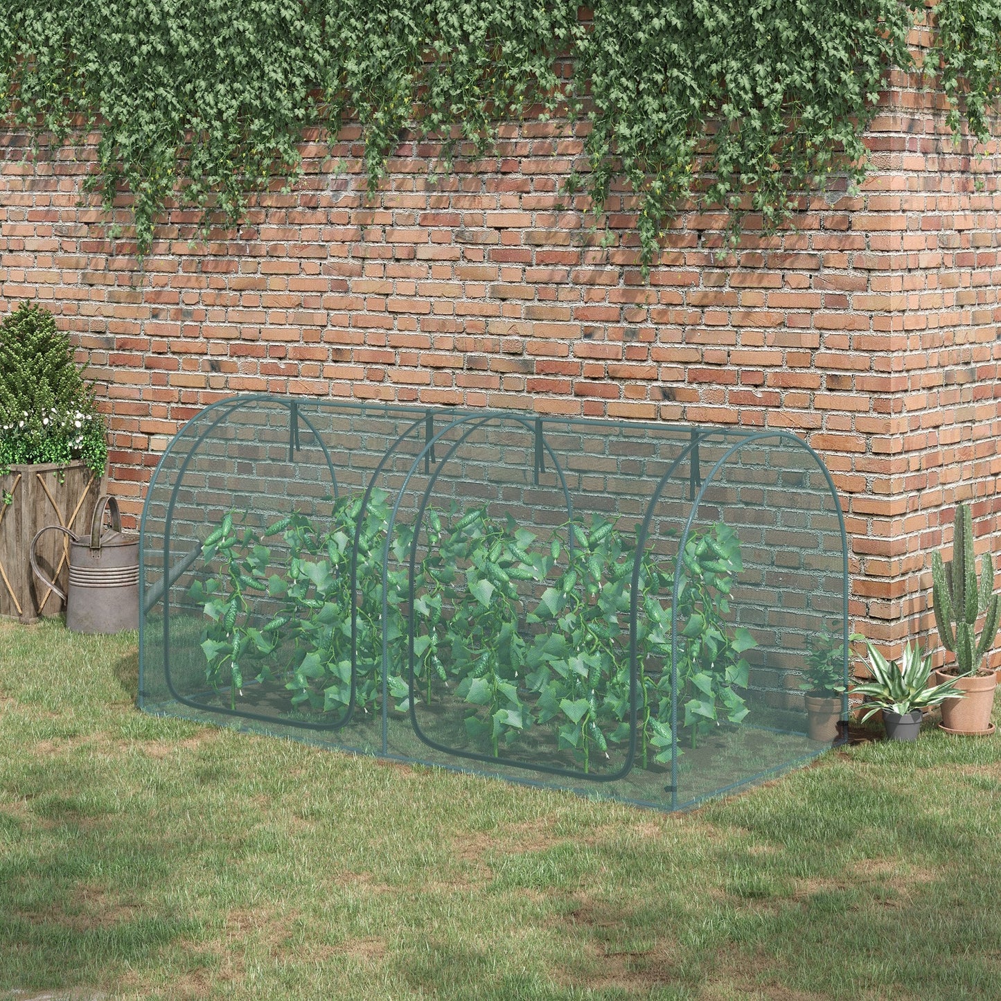 8' x 3' Crop Cage, Plant Protection Tent, with Two Zippered Doors and 4 Ground Stakes, for Garden, Yard, Lawn, Dark Green
