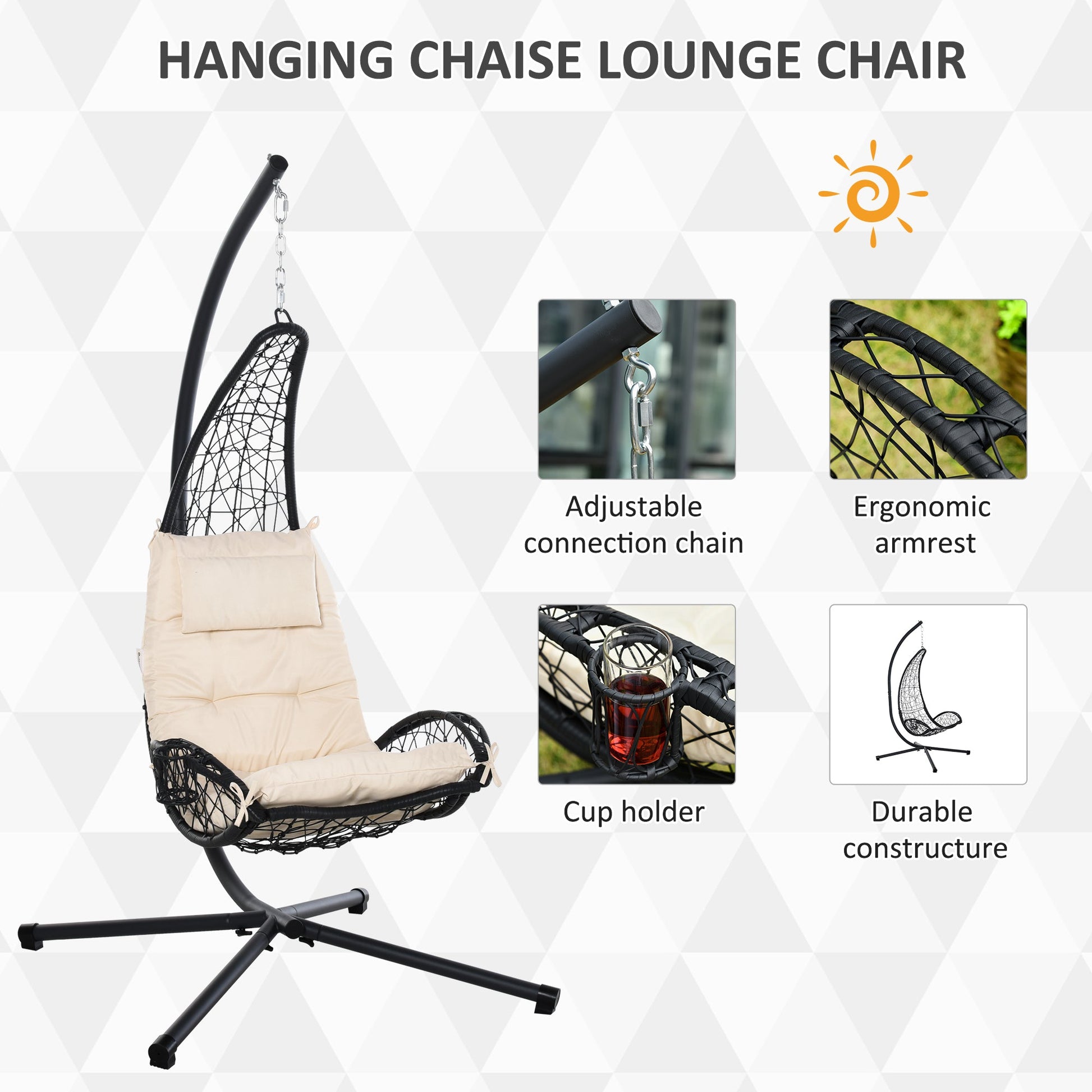 Outdoor Patio Wicker Hanging Egg Chair with Stand, Hammock Swing Chair with Cushion and Pillow, swing Chair with Stand, Cup Holder for Backyard, Garden, Porch, Beige