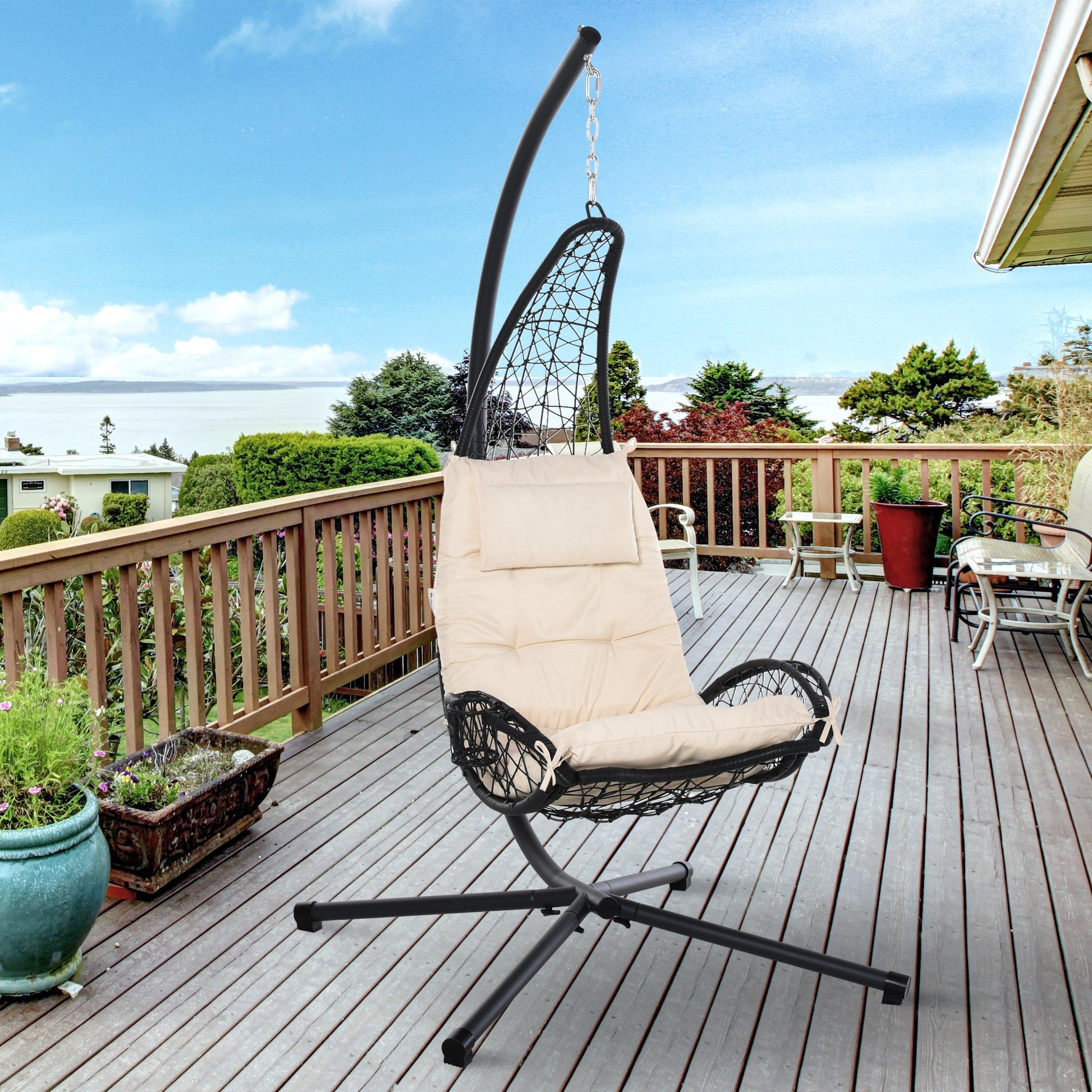 Outdoor Patio Wicker Hanging Egg Chair with Stand, Hammock Swing Chair with Cushion and Pillow, swing Chair with Stand, Cup Holder for Backyard, Garden, Porch, Beige