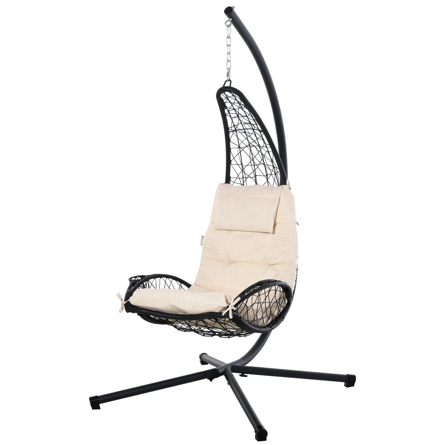 Outdoor Patio Wicker Hanging Egg Chair with Stand, Hammock Swing Chair with Cushion and Pillow, swing Chair with Stand, Cup Holder for Backyard, Garden, Porch, Beige