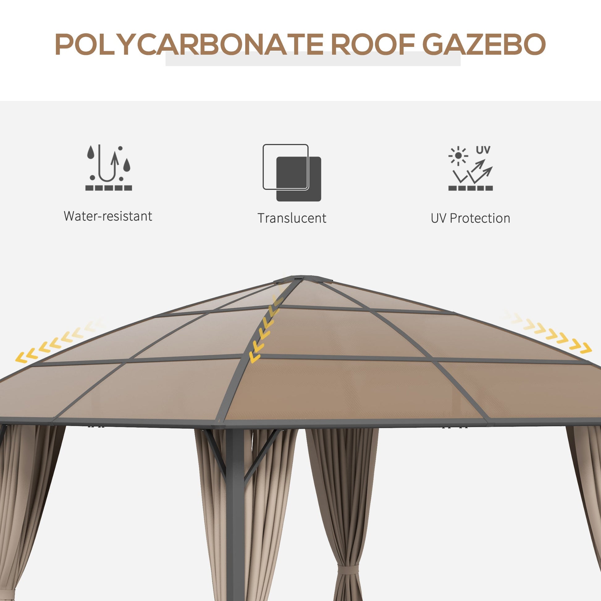 10' x 10' Outdoor Gazebo Canopy, Hardtop Gazebo with UV60+ Polycarbonate Roof, Steel Frame, Central Hook, and Curtains, for Garden, Lawn, Backyard, Deck, Khaki